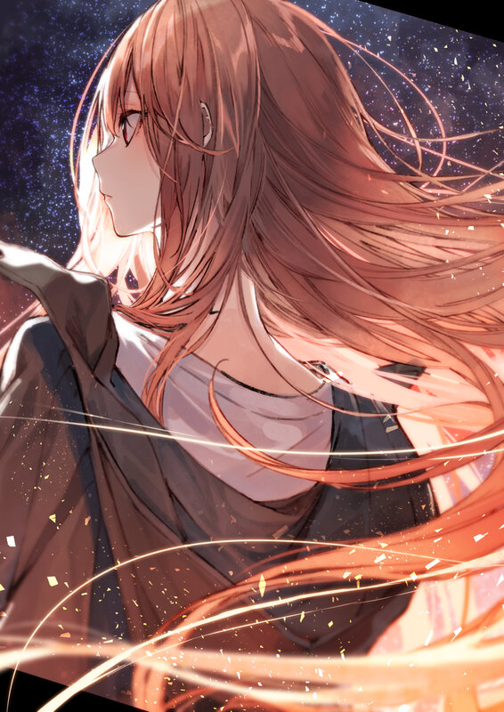 Anime Girl with Long Hair — Orange, Dramatic, Night, Digital Art, Stars