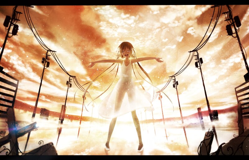 Anime Girl with Long Hair — Orange, Dramatic, Sunset, Digital Art, Power Lines