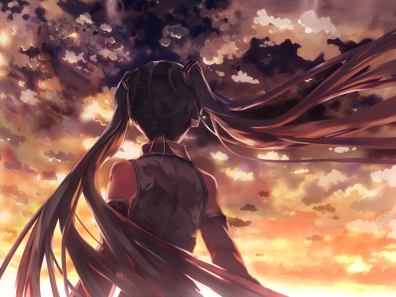 Anime Girl with Long Hair — Orange, Dramatic, Sunset, Digital Art, Sky, Clouds