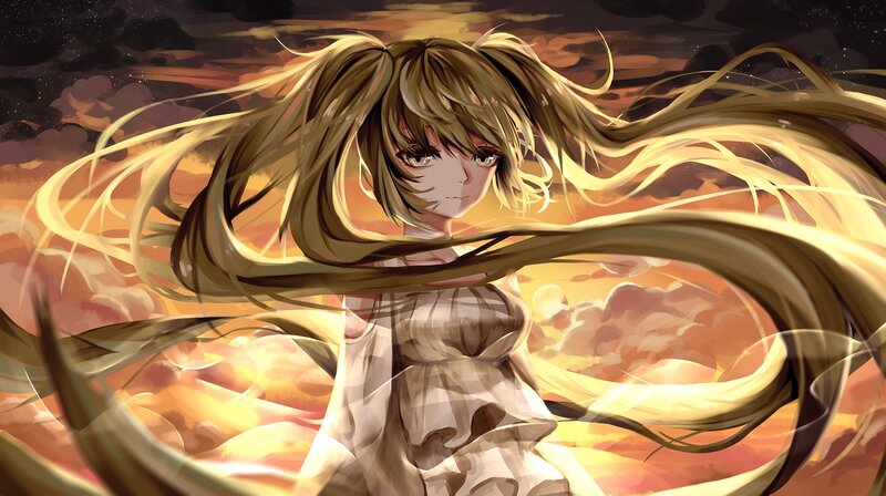 Anime Girl with Long Hair — Orange, Dramatic, Sunset, Digital Art, Sky