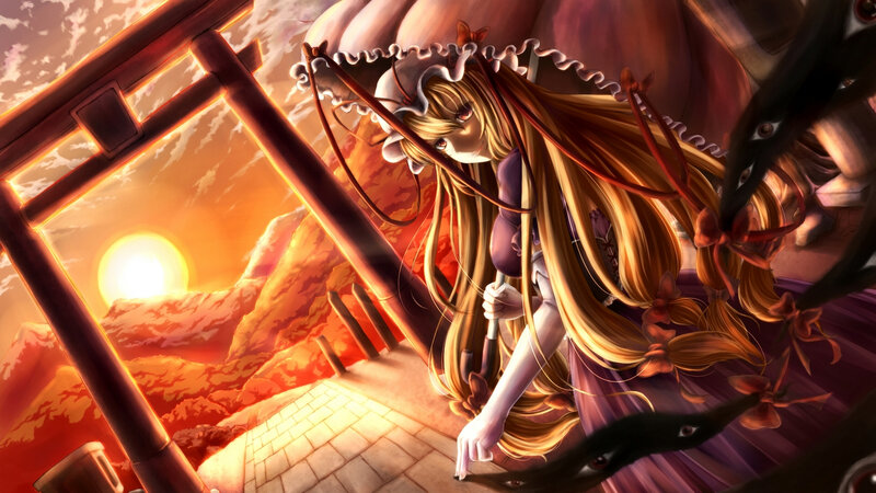 Anime Girl with Long Hair — Orange, Dramatic, Sunset, Digital Art, Torii Gate