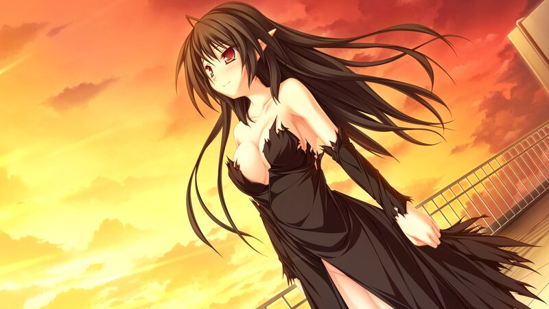 Anime Girl with Long Hair — Orange, Dramatic, Sunset, Dress