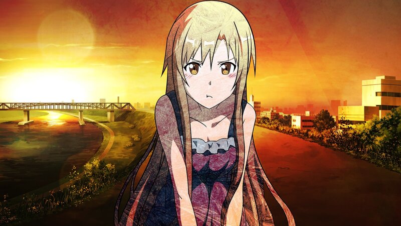Anime Girl with Long Hair — Orange, Dramatic, Sunset, River