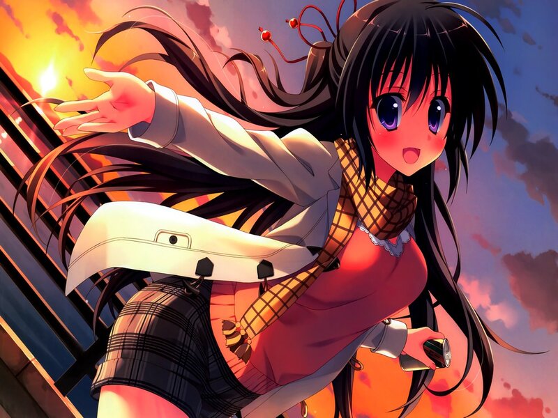 Anime Girl with Long Hair — Orange, Dramatic, Sunset, Scarf