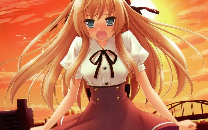 Anime Girl with Long Hair — Orange, Dramatic, Sunset, School Uniform, Bridge