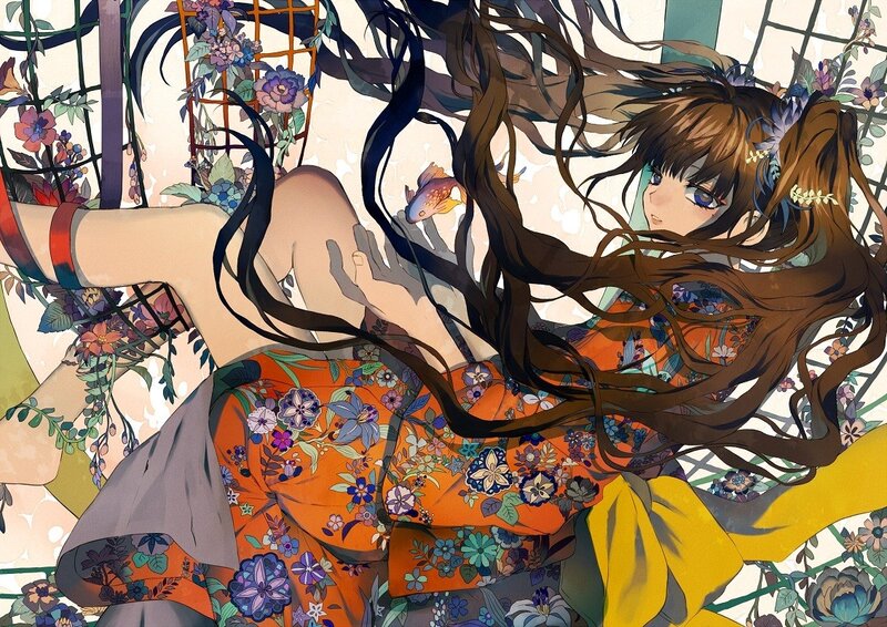 Anime Girl with Long Hair — Orange, Serene, Digital Art