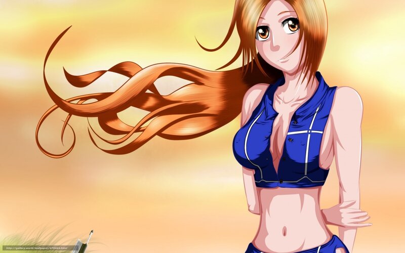 Anime Girl with Long Hair — Orange, Serene, Sunset, Blue Top