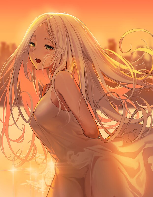 Anime Girl with Long Hair — Orange, Serene, Sunset, Digital Art