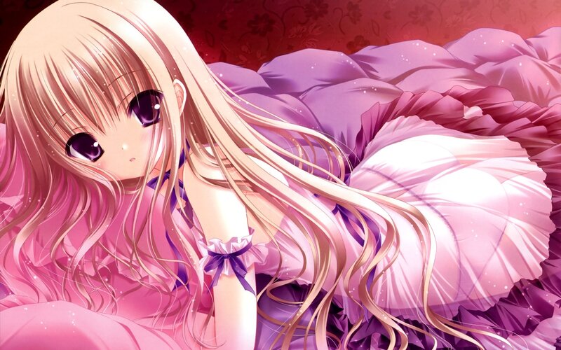 Anime Girl with Long Hair — Pink, Calm, Bed, Pillow