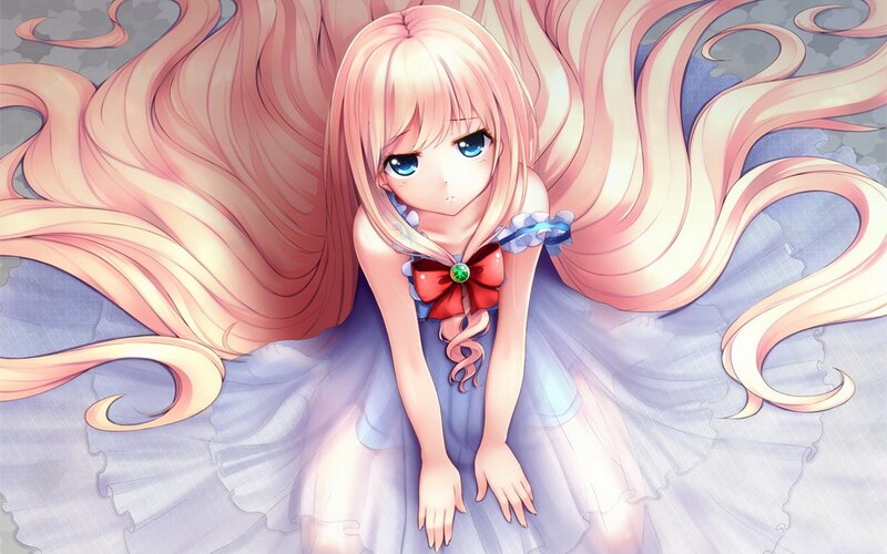 Anime Girl with Long Hair — Pink, Calm, Dress, Bow