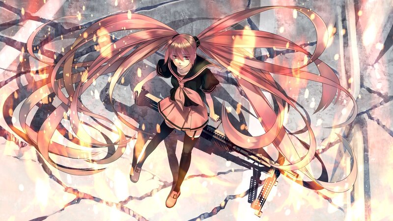 Anime Girl with Long Hair — Pink, Dramatic, Digital Art, Gun, Fire