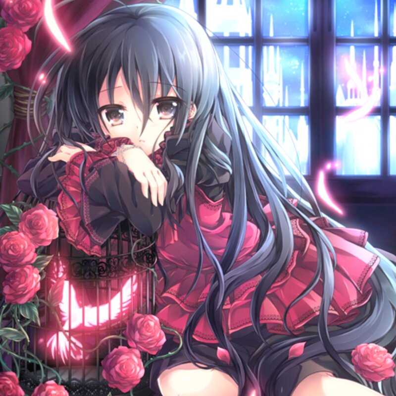 Anime Girl with Long Hair — Pink, Dramatic, Night, Roses
