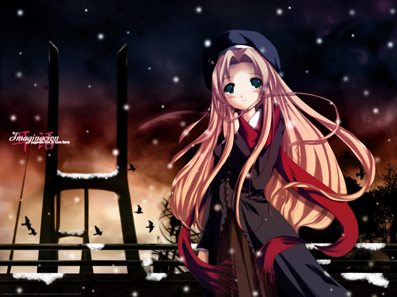 Anime Girl with Long Hair — Pink, Dramatic, Night, Snow