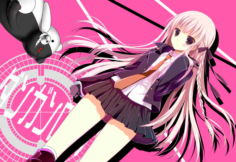 Anime Girl with Long Hair — Pink, Dramatic, School Uniform, Black and White Bear