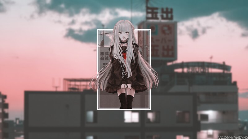 Anime Girl with Long Hair — Pink, Dramatic, Sunset, Digital Art