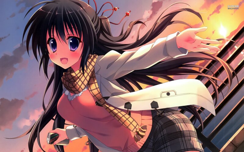 Anime Girl with Long Hair — Pink, Dramatic, Sunset, Scarf