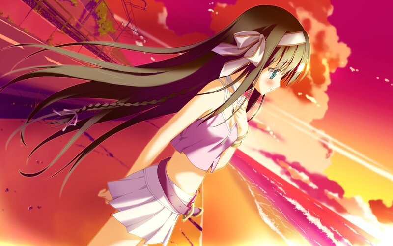 Anime Girl with Long Hair — Pink, Dramatic, Sunset