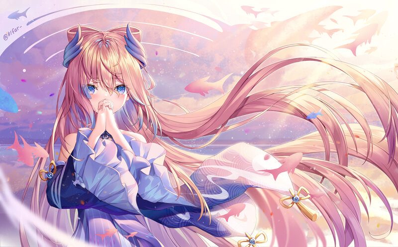 Anime Girl with Long Hair — Pink, Serene, Digital Art, Sharks