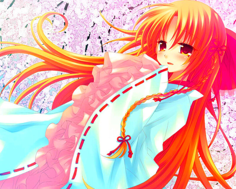 Anime Girl with Long Hair — Pink, Serene, Spring, Cherry Blossoms, Kimono