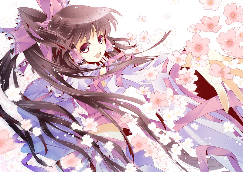 Anime Girl with Long Hair — Pink, Serene, Spring, Cherry Blossoms, Purple Dress
