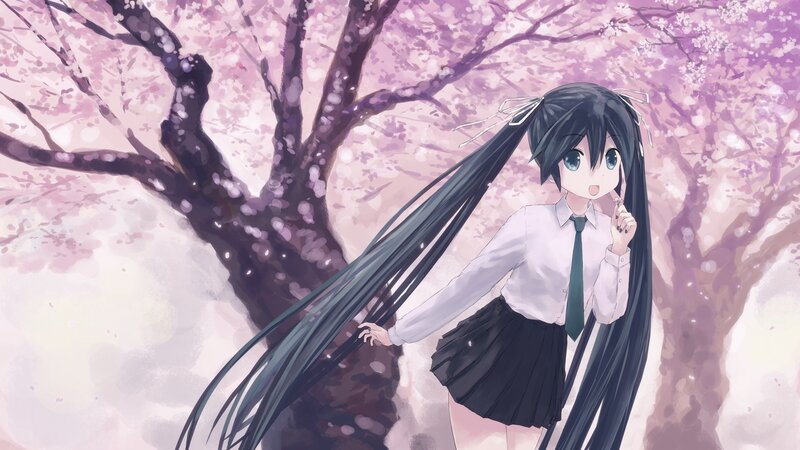 Anime Girl with Long Hair — Pink, Serene, Spring, Digital Art, Cherry Blossoms, School Uniform