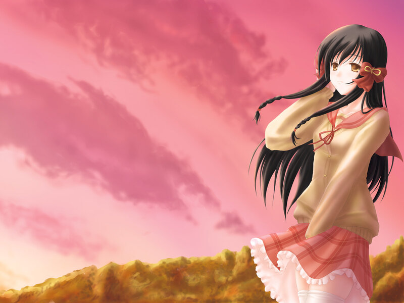 Anime Girl with Long Hair — Pink, Serene, Sunset, Digital Art, Plaid Skirt