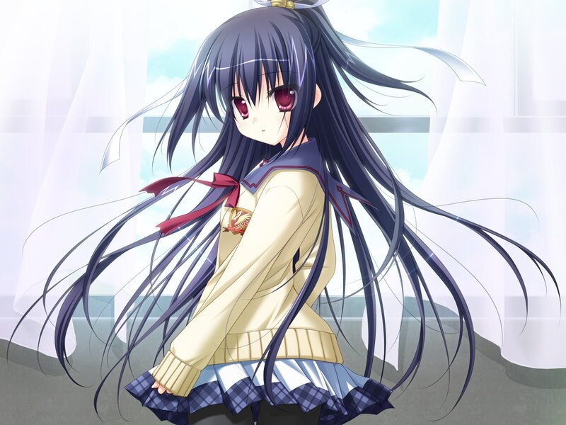 Anime Girl with Long Hair — Purple, Calm, Afternoon, School Uniform, Window