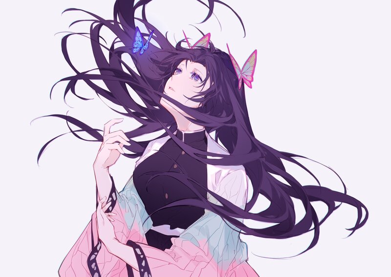 Anime Girl with Long Hair — Purple, Calm, Digital Art, Butterflies