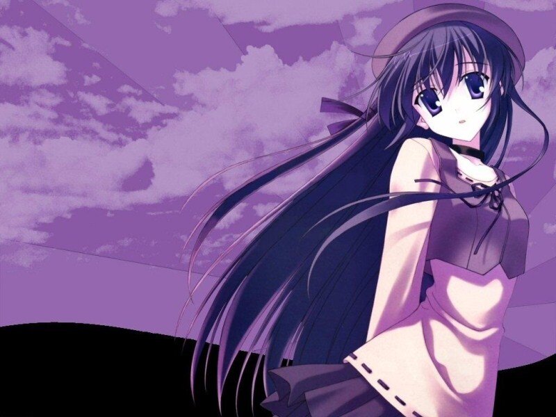 Anime Girl with Long Hair — Purple, Calm, Hat