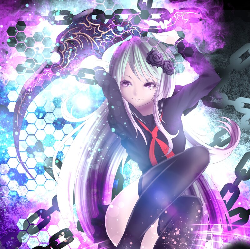 Anime Girl with Long Hair — Purple, Dramatic, Digital Art, Hexagons