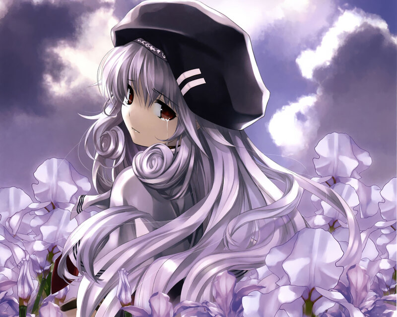 Anime Girl with Long Hair — Purple, Dramatic, Flowers, Clouds, Hat