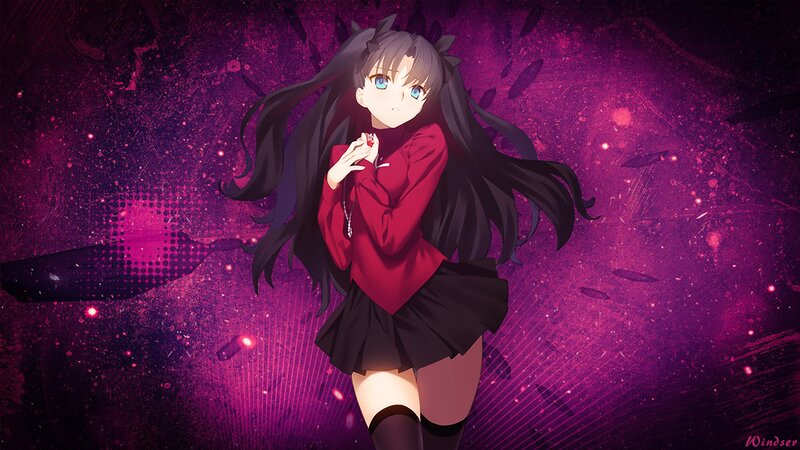 Anime Girl with Long Hair — Purple, Dramatic, Long Black Hair, Red Shirt
