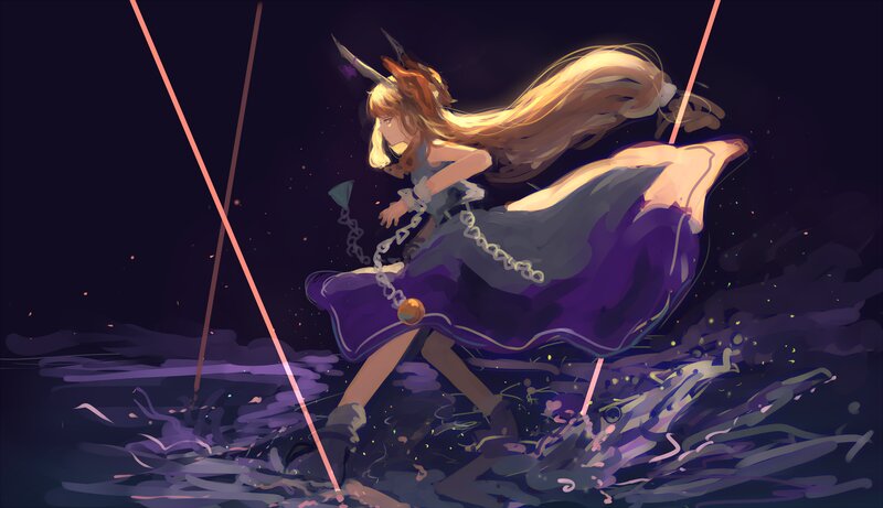 Anime Girl with Long Hair — Purple, Dramatic, Night, Digital Art, Chains