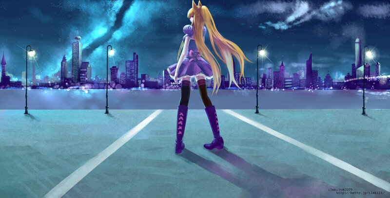 Anime Girl with Long Hair — Purple, Dramatic, Night, Digital Art, City Skyline, Streetlights