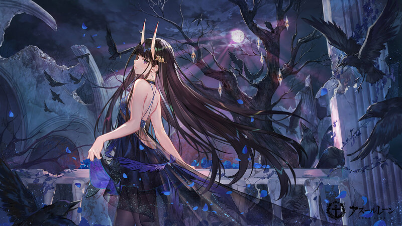 Anime Girl with Long Hair — Purple, Dramatic, Night, Digital Art, Crows