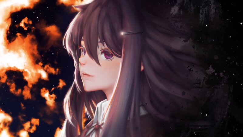 Anime Girl with Long Hair — Purple, Dramatic, Night, Digital Art, Fire