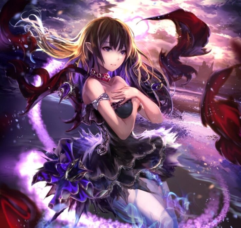 Anime Girl with Long Hair — Purple, Dramatic, Night, Digital Art, Long Hair, Dress, Magic