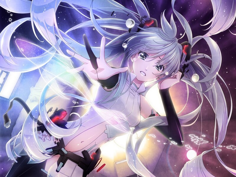 Anime Girl with Long Hair — Purple, Dramatic, Night, Digital Art, Long Hair, Space Background, Glowing Effects