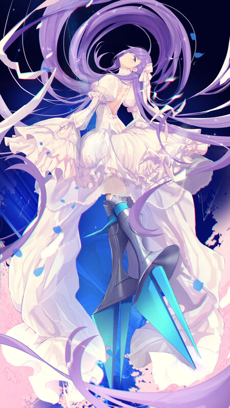 Anime Girl with Long Hair — Purple, Dramatic, Night, Digital Art, Sword, Dress