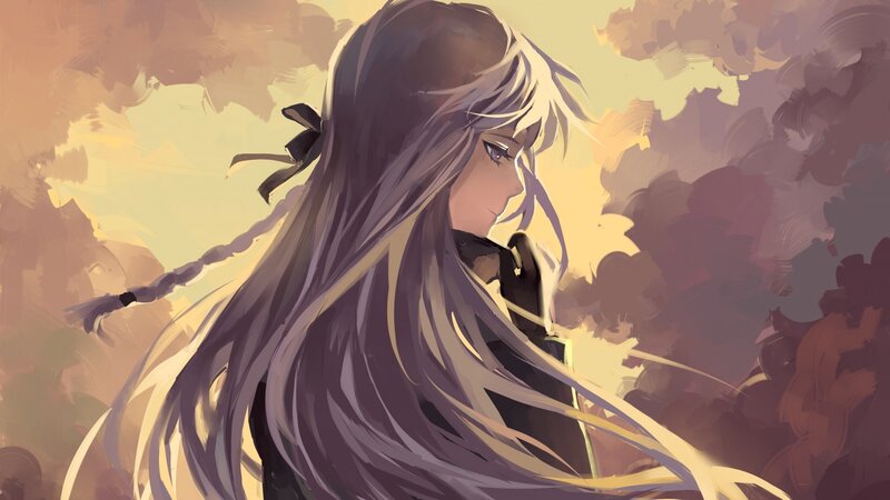 Anime Girl with Long Hair — Purple, Dramatic, Sunset, Digital Art, Braid