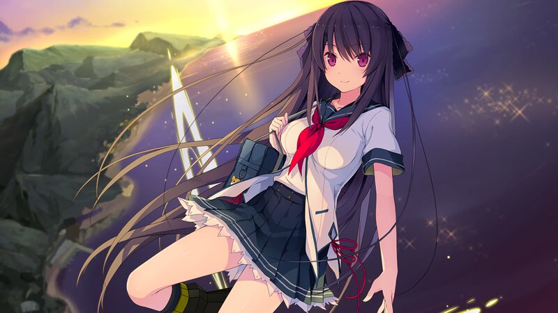 Anime Girl with Long Hair — Purple, Dramatic, Sunset, School Uniform, Sword