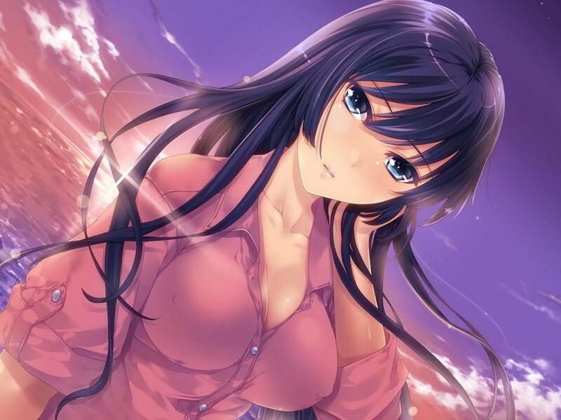 Anime Girl with Long Hair — Purple, Dramatic, Sunset, Sky, Clouds