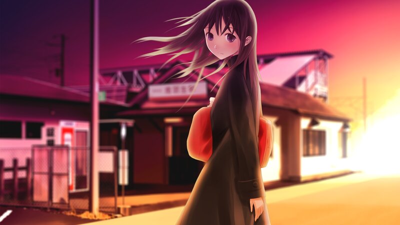 Anime Girl with Long Hair — Purple, Dramatic, Sunset, Train Station