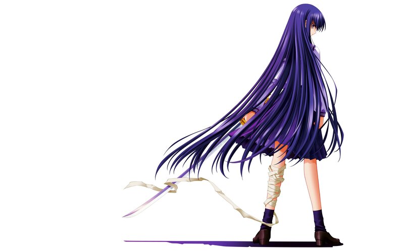 Anime Girl with Long Hair — Purple, Dramatic, Sword, Bandages, White