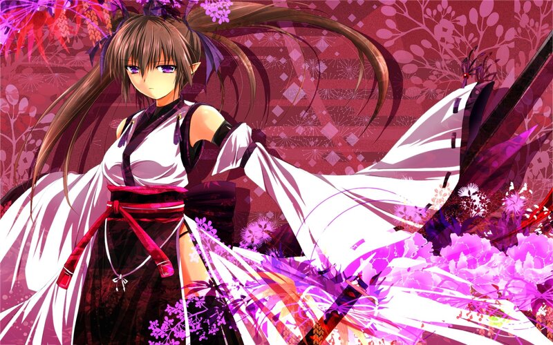 Anime Girl with Long Hair — Purple, Dramatic, Sword, Flowers