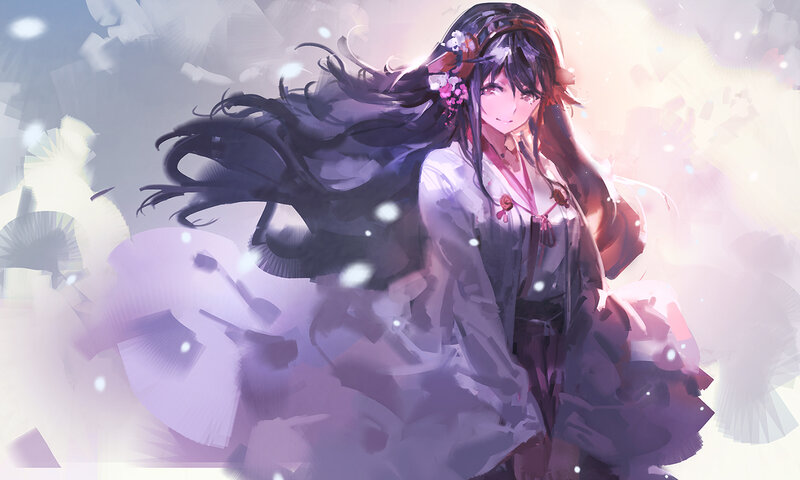 Anime Girl with Long Hair — Purple, Serene, Digital Art, Flowers, Fans