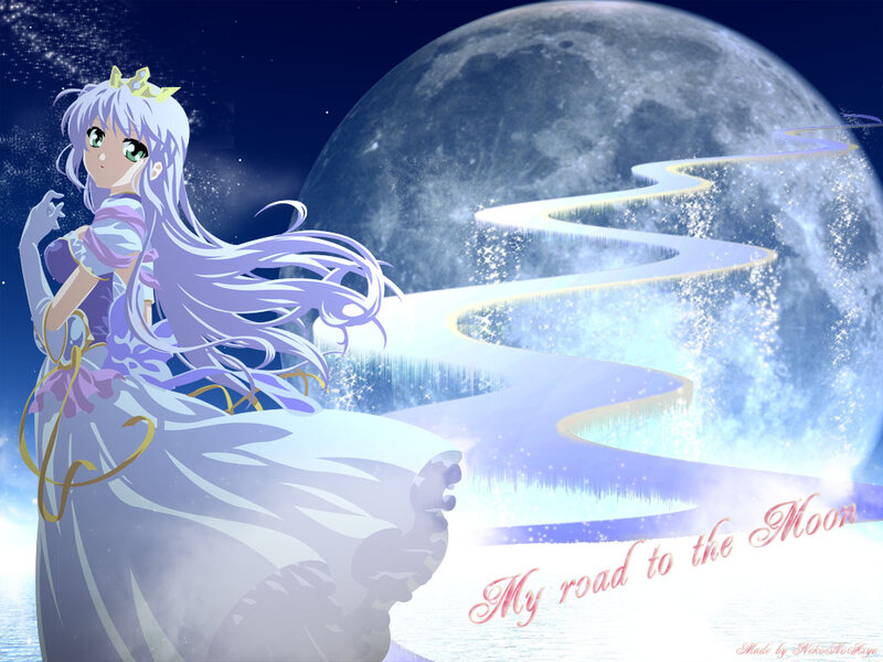 Anime Girl with Long Hair — Purple, Serene, Night, Moon, Path