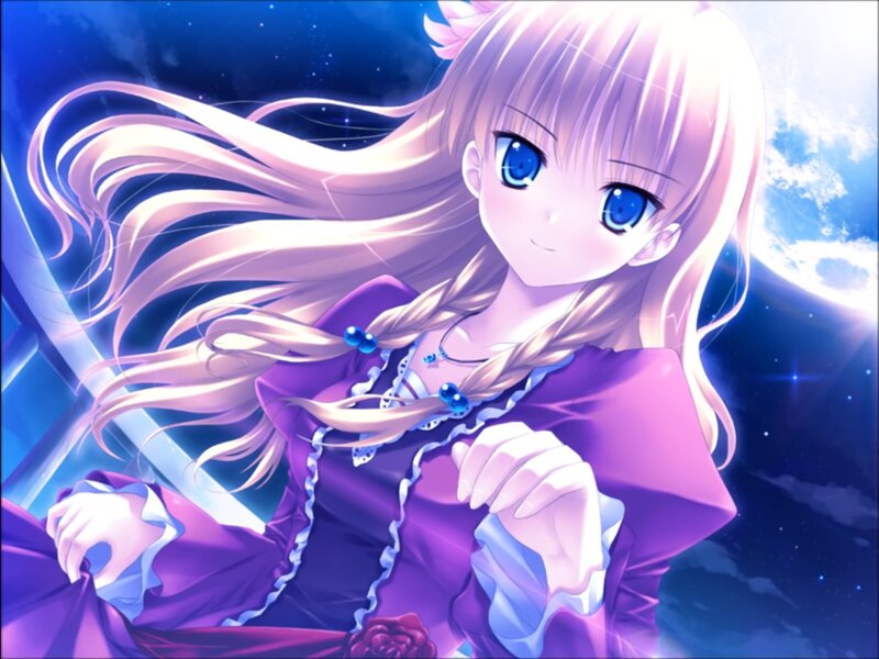 Anime Girl with Long Hair — Purple, Serene, Night, Purple Dress
