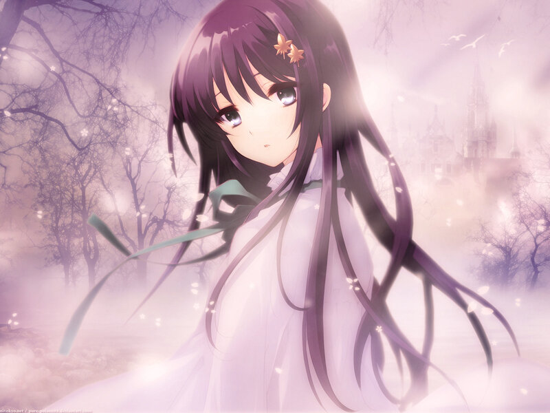 Anime Girl with Long Hair — Purple, Serene, Spring, Castle