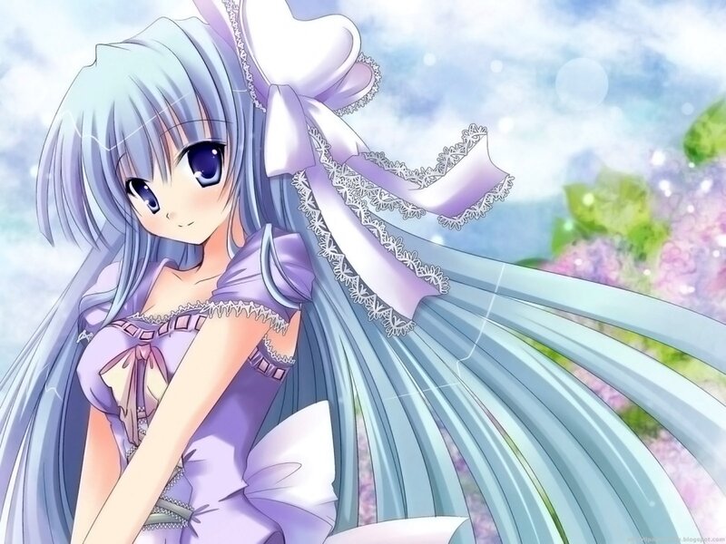 Anime Girl with Long Hair — Purple, Serene, Spring, Dress, Ribbon, Flowers